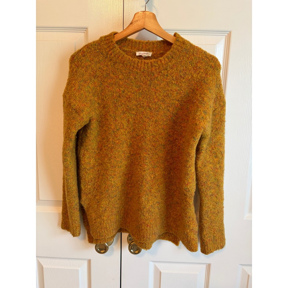 Mystree Womens Small Mustard Yellow Marl Wool Blend Crewneck Sweater Side Slit